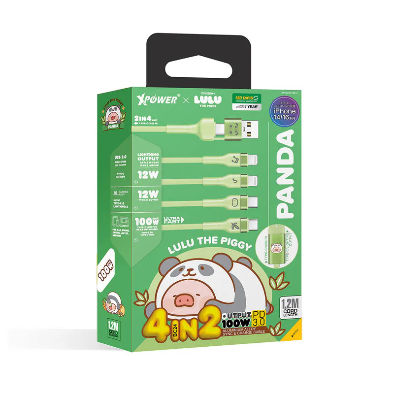 XPower x 罐頭豬LuLu🐷BC24 罐頭豬LuLu 8合1 2出4 100W PD3.0鋁合金傳輸快速充電線 2米