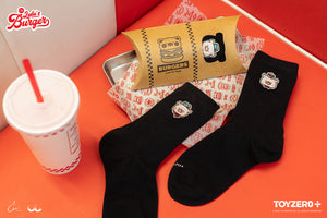 罐頭豬LuLu漢堡系列 - 刺繡襪子(白色/黑色)